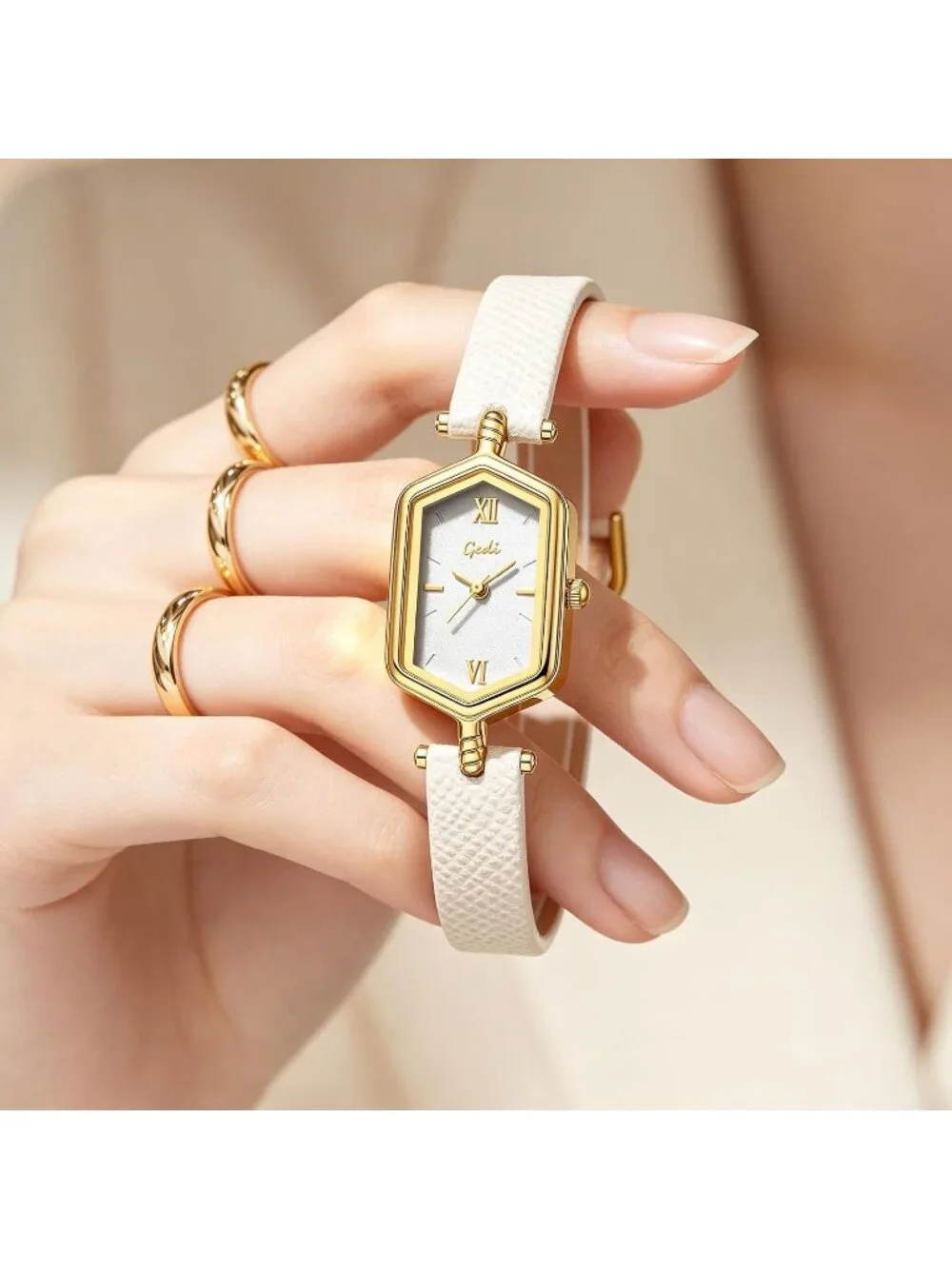 Women's Apricot Gold Vintage Slim Leather Strap Bracelet Hexagon Case Watch